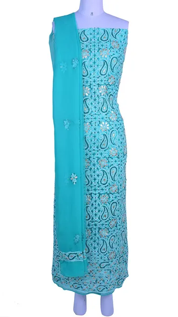 Rohia by Chhangamal Hand Embroidered Turquoise Georgette Unstiched Chikan Suit Length(Kurta 2.5 M, Bottom 2 M, Dupatta 2.15 M)