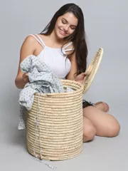 Laundry basket for baby clothes storage/Clothes basket/ Palm leaves laundry clothes basket is the best alternative to cheap wicker laundry basket (Round)