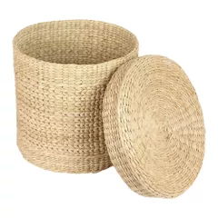Laundry basket online with lid/Clothes basket/ Straw/dry grass/Seagrass/Kouna Grass for baby clothes storage and best alternative to natural round wicker laundry basket with lid (Round)