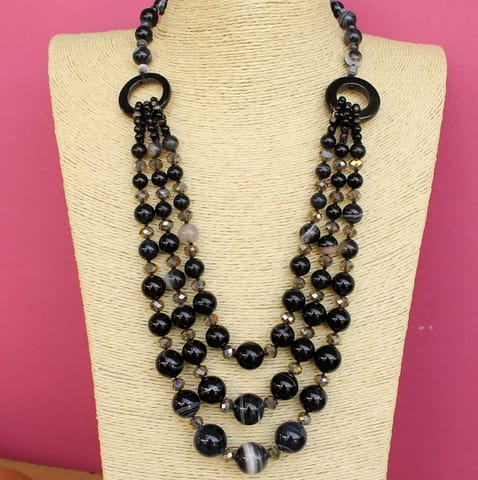Onyx Faceted 3 Layer Beaded Premium Black Necklace Set