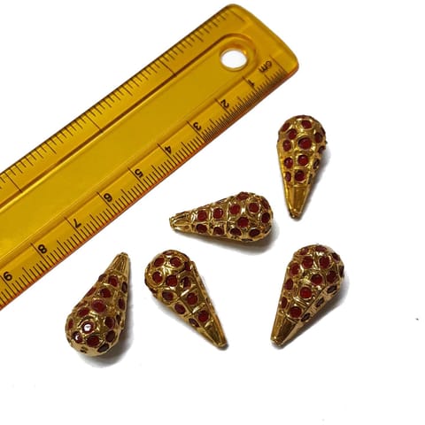 5pcs, 12x25mm, Red Jadau Drop Beads