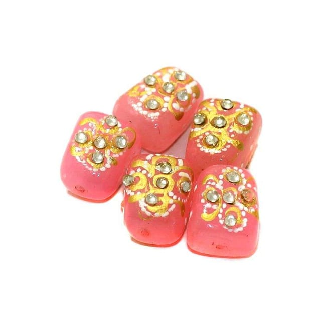 5 Pcs Handpainted Kundan Work Tumbled Beads Pink 17x13mm