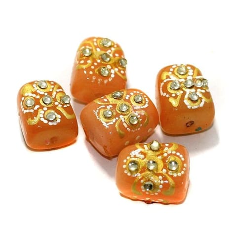 5 Pcs Handpainted Kundan Work Tumbled Beads Orange17x13mm