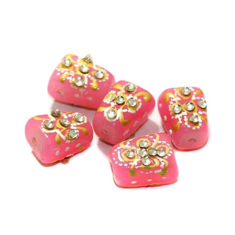 5 Pcs Handpainted Kundan Work Tumbled Beads Pink 14x10mm