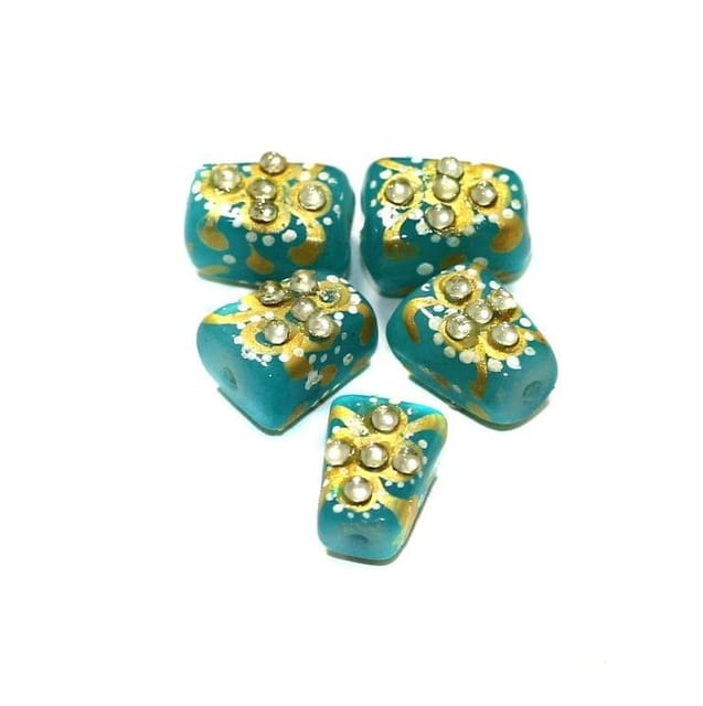 5 Pcs Handpainted Kundan Work Tumbled Beads Turquoise 14x10mm