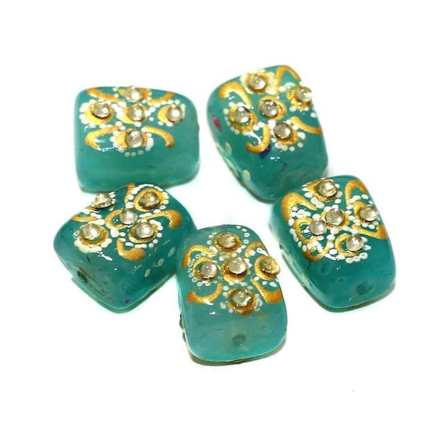 5 Pcs Handpainted Kundan Work Tumbled Beads Turquoise 17x13mm