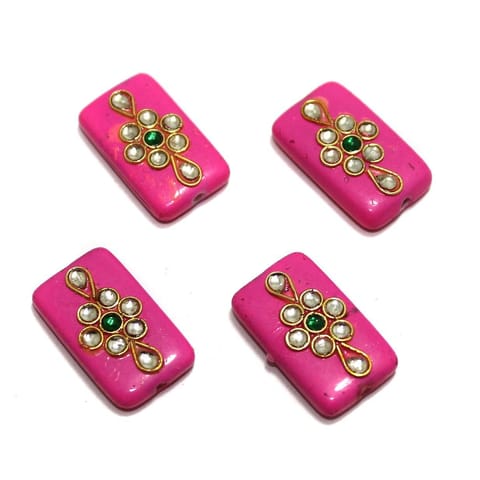 12 Pcs Rectangle Kundan Beads 25x14mm Hot Pink