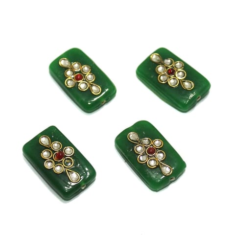12 Pcs Rectangle Kundan Beads 25x14mm Green