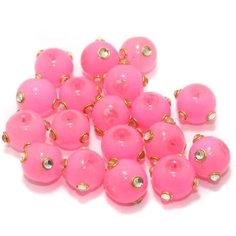 Glass Kundan Beads Round 12mm Hot Pink
