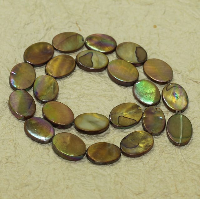 19x13mm Flat Oval Shell Beads Olive 1 String