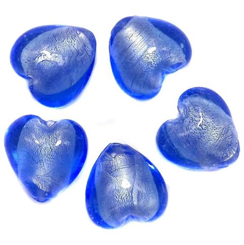 40+ Silver Foil Heart Beads Blue 18 MM