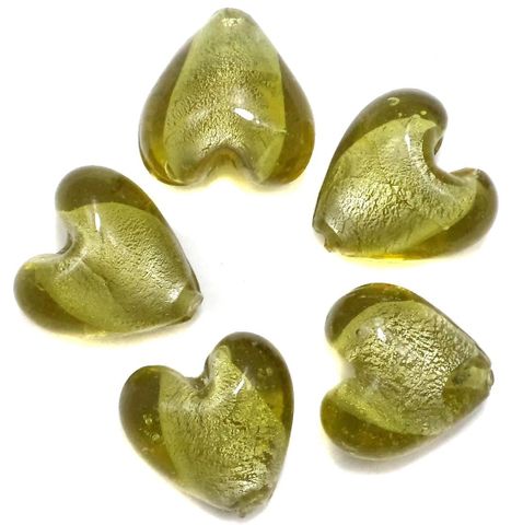 40+ Silver Foil Heart Beads Olive Green 18 mm