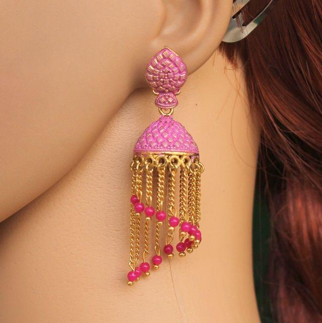 Meenakari Dangler Jhumka Earrings Pink