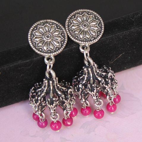 German Silver Beads Hanging Jhumki Pink