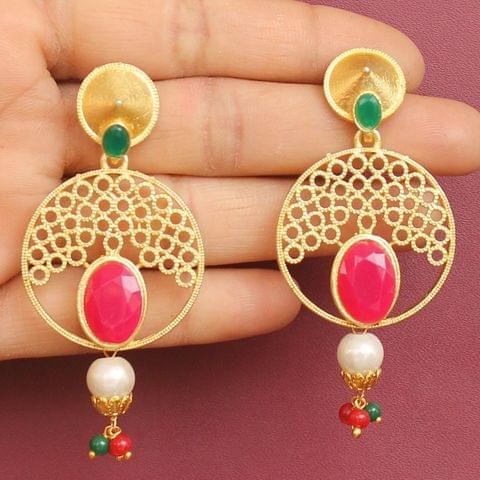 Matte Finish Stone Ethnic Jhumka Earrings Red And Green