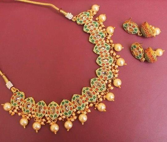 Gold Plated Kundan Beaded Necklace Set With Earrings