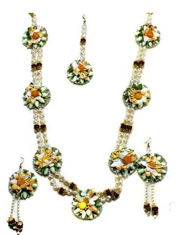 Gotta Patti Necklace Set with Maang Tikka, Earrings, Ring and Bangle Yellow