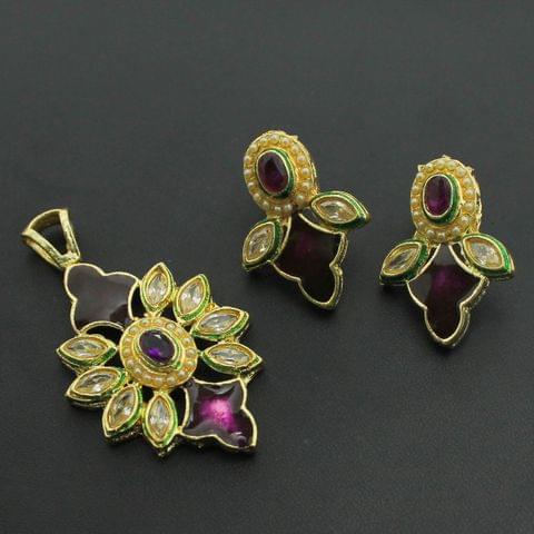 Purple Kundan Pendant and Earrings Set, Size-5x3cm