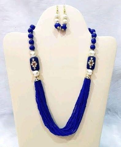 Glass Kundan Beaded Long Necklace Blue For Girls