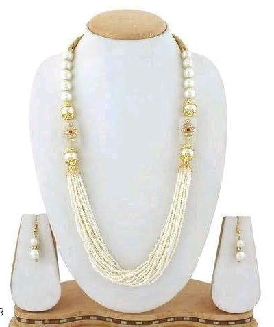 Glass Kundan Beaded Long Necklace Cream For Girls