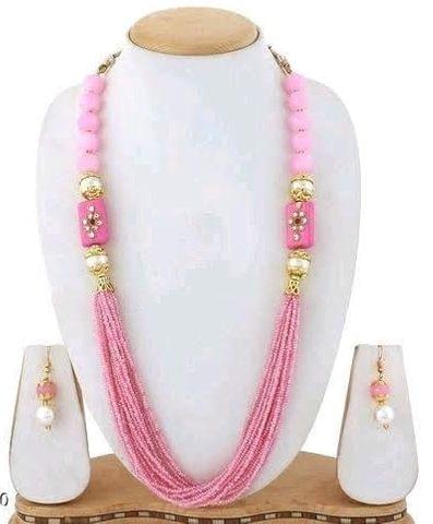 Glass Kundan Beaded Long Necklace Pink For Girls