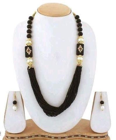 Glass Kundan Beaded Long Necklace Black For Girls