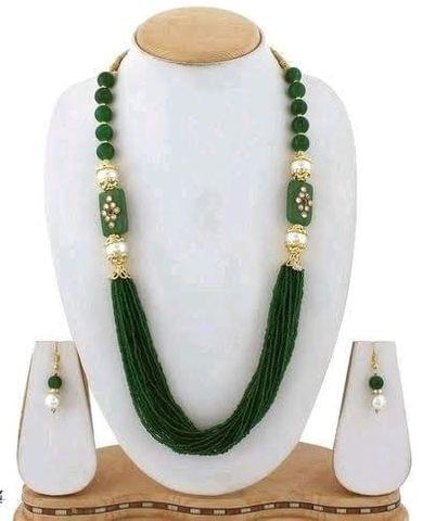 Glass Kundan Beaded Long Necklace Green For Girls