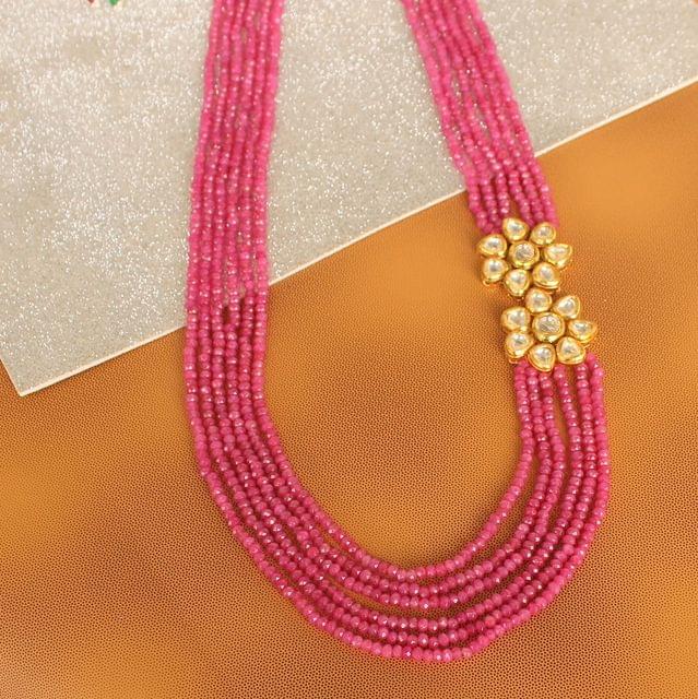 Multi layer Onyx Kundan Long Necklace Pink