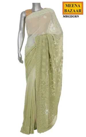 Olive Green chikankari Embroidered saree