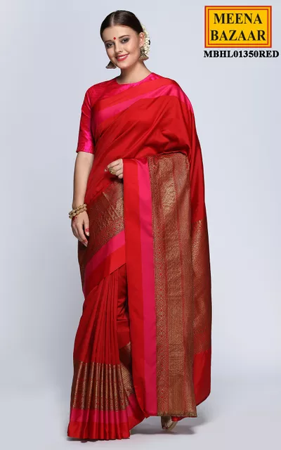 Cherry Red Silk saree with Zari Weaving