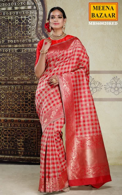 Candy Red Silk Saree with Check Pattern
