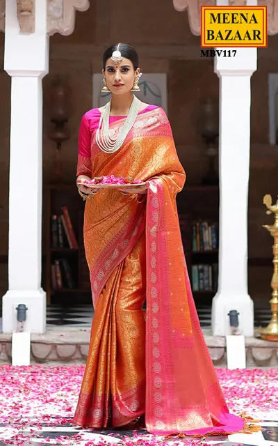 Orange Silk Saree with Hot Pink border
