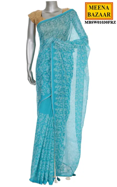 Maya Blue Cotton Saree with Thread Embroidery
