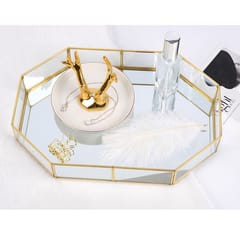 Gold Metal Glass Jewelry Tray Makeup Cosmetic Organizer Box Plate Large