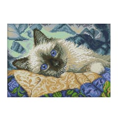 Handmade Ribbon Embroidery Cat Painting Kit Stamped Cross Stitch