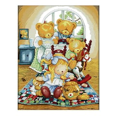 Handmade Ribbon Embroidery Bear Family Painting Kit Stamped Cross Stitch DIY