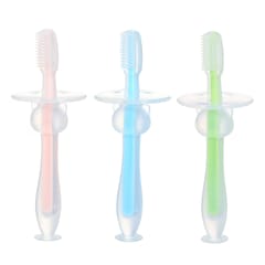 3 PCS Baby Training Toothbrush with Suction Base Prevent (Pink & Green & Blue)