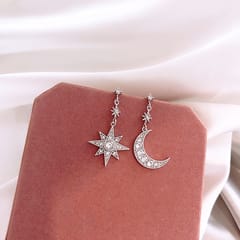 S925 silver needle starry crescent moon asymmetric silver
