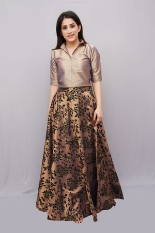 Embroidered Brown Festive Skirt and Top Set