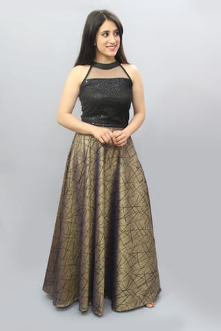Brown Silk and Sequin Skirt Top Set