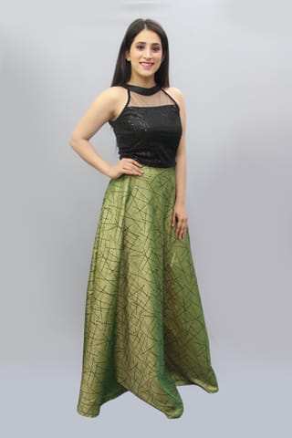 Green Silk and Sequin Skirt Top Set