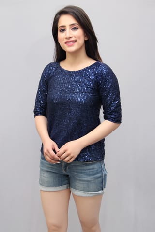 Blue Sequin Embellished Party Top