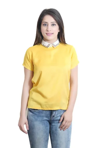 Solid Yellow Top With  Embellished Collar Neck