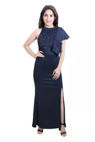 Navy Blue Pearl Studded Maxi Dress
