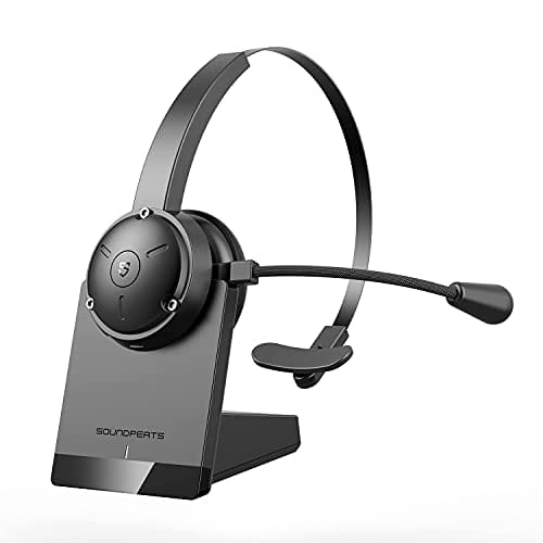 SoundPEATS Bluetooth Headset with Microphone Noise Cancelling, V5.0 Trucker Wireless Headset with Mute Mic, Charging Base 30hrs Talktime for Phone/PC/Laptop/Home Office/Online Conference/Call Center
