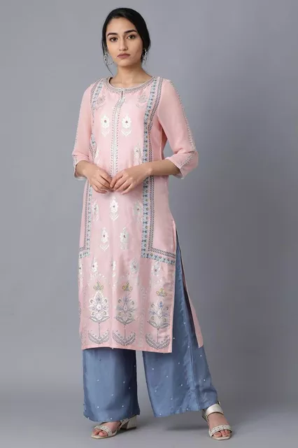 Pink Round Neck Printed Kurta Pink Round Neck Printed Kurta
