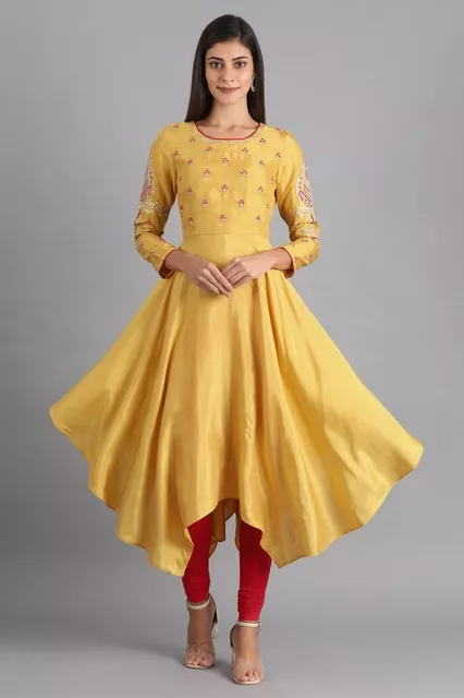 Yellow Round Neck Asymmetrical Hem Kurta Yellow Round Neck Asymmetrical Hem Kurta