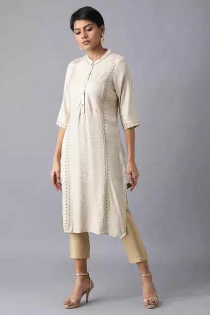 Beige Mandarin Neck Embroidered Kurta Beige Mandarin Neck Embroidered Kurta