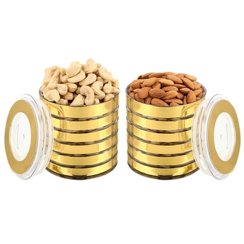 Ghasitaram Diwali Special Cashewnuts & Almonds Golden Round Combo Jar with Free Silver Plated Coin