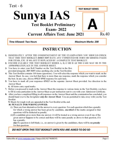 (Set) Sunya IAS PT Test Series 2022 - Test 6 to 10 - [B/W PRINTOUT]